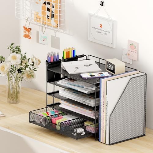 Desk Organizer, 5-Tier Desktop File Organizer with Drawer and Pen Holders, Office Desk Accessories, File Sorters, Workspace Organizers for Office Supplies(Black) - Image 6