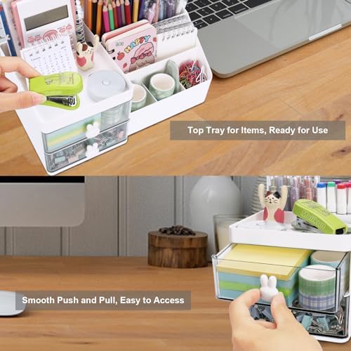 Desk Organizer, Makeup Organizer with 2 Drawer, 7 Compartment & a Top Tray, Desktop Organizers and Storage for Women, Cute Home organization Bathroom, 11" x 5.7" x 4.7" (White) - Image 6