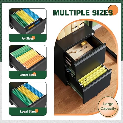 Mobile File Cabinet with Lock,2 Drawer Under Desk Metal Rolling Filing Cabinets for Home Office Organizer Letters/Legal/A4(Fully Assembled-Black) - Image 5