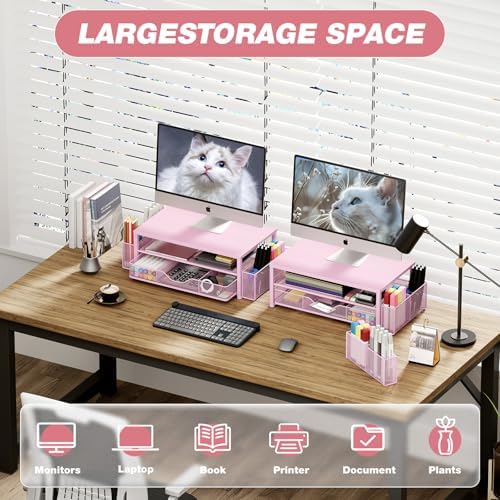 Desk Organizer and Accessories, 2-Tier Computer Monitor Stand Riser with Drawer and 2 Pen Holders, Laptop Stand, Office Desk Accessories for Office Supplies, Pink - Image 4