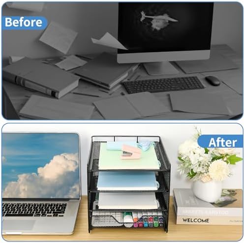 Desk Organizer, 4-Tier Desktop File Organizer with Drawer, Office Desk Accessories, File Sorters, Workspace Organizers for Office Supplies(Black Upgraded) - Image 4