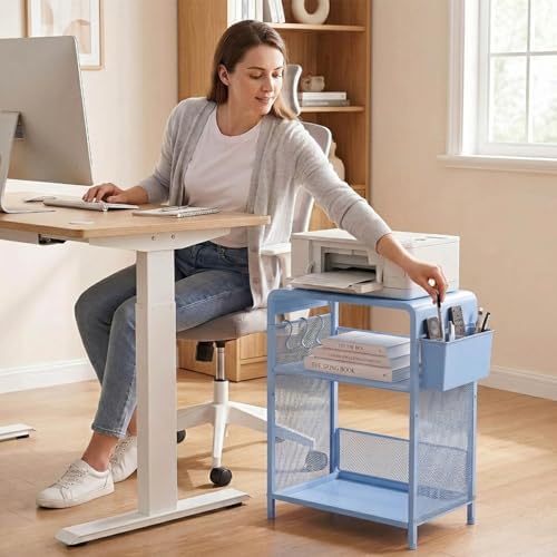 Small 3 Tier Printer Stand for Under Desk, Height Adjustable Shelf Printer Table with 3 S-Hooks & Basket, Heavy Duty Industrial Storage Shelf for Home Office (Blue) - Image 5