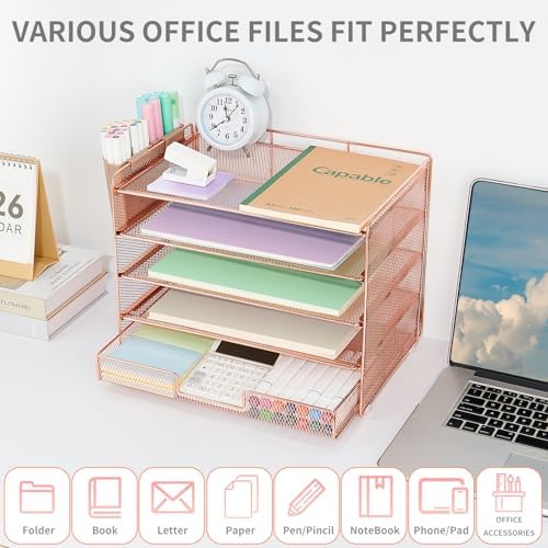 Desk Organizer and Accessories, 5-Tier Paper Letter Tray Organizer with Drawer & 2 Pen Holders for Desktop File Organization, Office Desk Accessories for Supplies Storage (Rose Gold) - Image 4