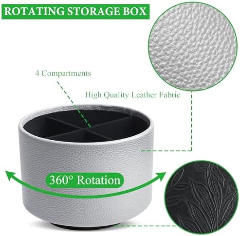 Round Leather Art Supply Organizer,Remote Control Holder,360 Degree Spinning,Multi-Functional Pencil Holder,4 Compartments Desktop Stationary Organizer(1-Lichee Silver) - Image 3