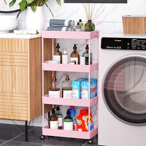 4 Tier Rolling Cart with Wheels, Storage Craft Art Trolley Organizer Serving, 3 Hanging Baskets Easy Assembly, for Office, Living Room, Kitchen by Home