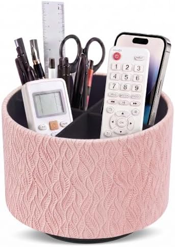 Round Leather Art Supply Organizer,Remote Control Holder,360 Degree Spinning,Multi-Functional Pencil Holder,4 Compartments Desktop Stationary Organizer(1-Leaves Pink) by Hennaja