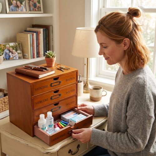 Wesiti Wooden Desk Organizer, 4 Drawers, Vintage Makeup Cabinet, Brown - Image 6
