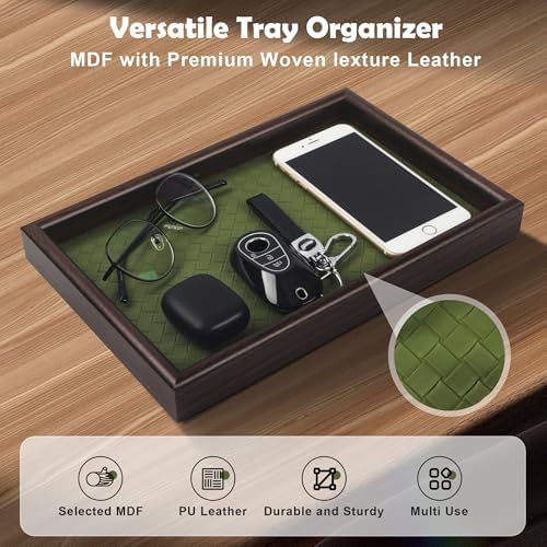 Wooden Valet Tray with Leather Base - Nightstand Catchall Organizer for Cologne, Perfume, Keys, Wallet, Phone, Watch, Jewelry & Sunglasses (2Pcs Green) - Image 3