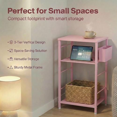 Small 3 Tier Printer Stand for Under Desk, Height Adjustable Shelf Printer Table with 3 S-Hooks & Basket, Heavy Duty Industrial Storage Shelf for Home Office (Deep Pink) - Image 4