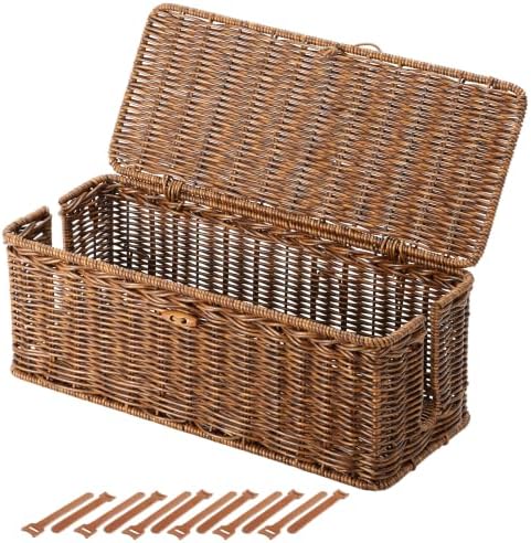Cable Management Box, Cord Organizer with Lid & Ties-Braided Edging,Brown,L by BROWNLILY