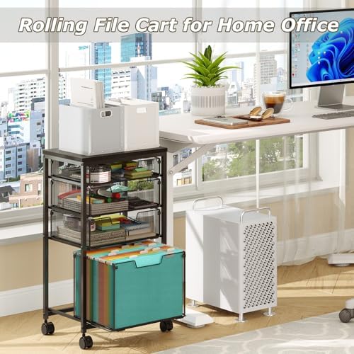 Rolling File Cart with 4 Storage Drawers, Mobile File Cabinet with Wheels, Hanging File Organizer, Under Desk Printer Stand Utility Cart Filing Cabinet for Home Office, Black - Image 6