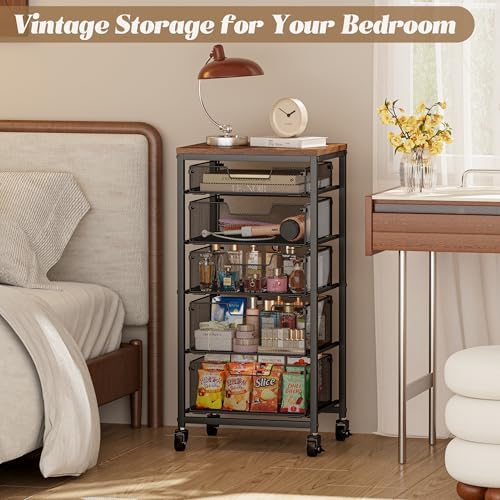 Rolling Cart with Drawers, 5-Drawer Storage Cart on Wheels with Vintage Wooden Top, Heavy Duty Metal Utility Cart, Mobile Craft Art Storage Cart for Kitchen, Bathroom, Office, Bedroom, Art Studio - Image 3