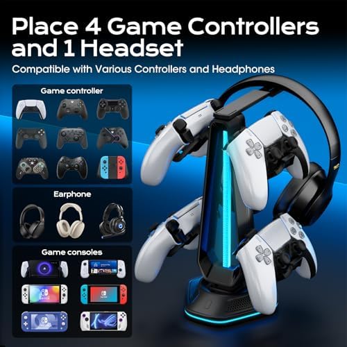 Saitake RGB Controller Stand, Gaming Controller Holder with 9 Light Modes, 2 USB Charging Ports, Headset Stand, Desk Organizer for Xbox PS5 PS4 Switch PC, 4 Controllers & 1 Headphone (Black) - Image 4