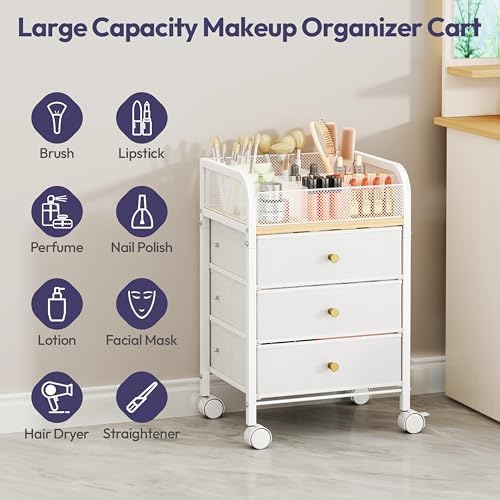 Rolling Makeup Organizer Cart - 14.96″*11.81″*23.03″ Widened Under Desk Vanity Storage with 3 Non-woven Drawers, Cosmetic Display Cases for Skin Care Perfume Nail Polish Brush Hair Tool White - Image 4