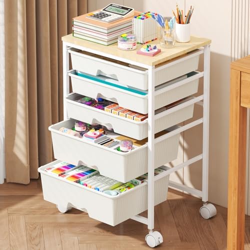 Rolling Cart with 5 Drawers for Craft, Art, Dorm, Office, White by Goovilla