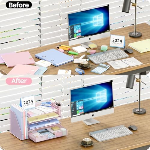 Desk Organizer, 4-Tier Desktop File Organizer with Drawer and Pen Holders, Office Desk Accessories, File Sorters, Workspace Organizers for Office Supplies(Pink) - Image 2