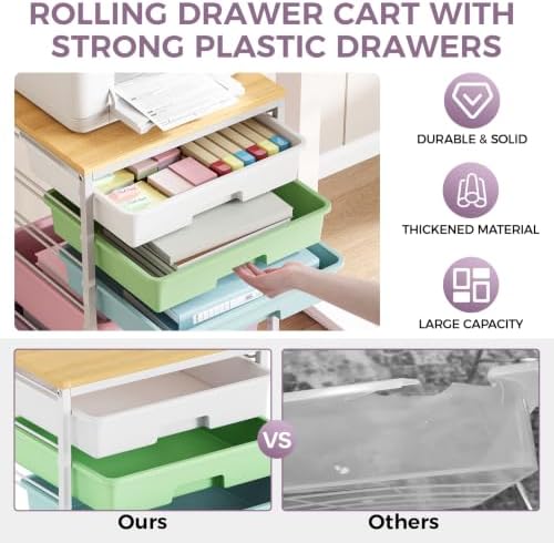 5-Tier Rolling Cart with Drawers with Wooden Top, Ice Cream - Image 4