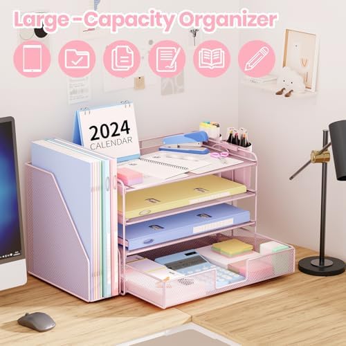Desk Organizer, 4-Tier Desktop File Organizer with Drawer and Pen Holders, Office Desk Accessories, File Sorters, Workspace Organizers for Office Supplies(Pink) - Image 3