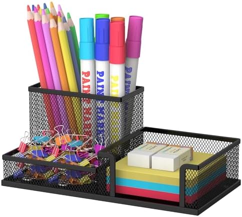 Pen Holder Desk Organizer, Office Supplies Pencil Holder with 3 Compartments, Desk Accessories and Workspace Organizers for Home School Classroom, Black by SUPEASY