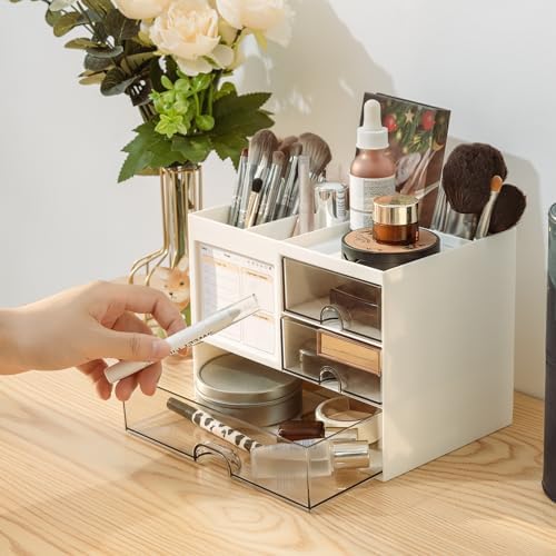 Desk Organizer with 3 Drawer, Multi-Functional Pencil Pen Holder for Desk, Desk Organizers and Storage with 8 Compartments, Desktop Organizer for Office Home Art Supplies (White) - Image 5