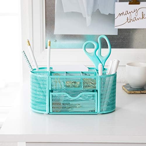 BLU MONACO Aqua Desk Organizer | Metal Stationery Holder With Drawer and Eight Compartments | Desktop Storage for Home Office or Study Space | 4.3”D x 9.3”W x 4”H Workspace Organizer - Image 4