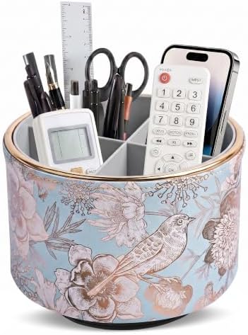 Round Leather Art Supply Organizer,Remote Control Holder,360 Degree Spinning,Multi-Functional Pencil Holder,4 Compartments Desktop Stationary Organizer(1-Blue Bird2) by Hennaja