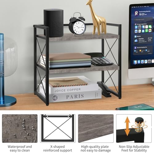 Desktop Shelf Organizer, 2 Tier Office Shelves, Wood Desk Organizer Storage Rack and Freestanding Display Shelf for Office, Dormitory, Home (Grey) - Image 4