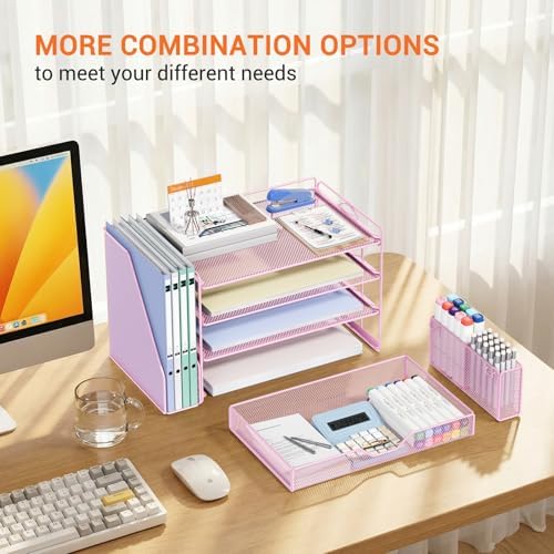 4-Tier Desk File Organizer with Drawer & Pen Holder (Pink) - Image 4