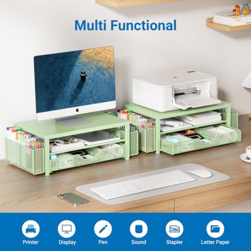 Desk Organizer and Accessories, 2-Tier Computer Monitor Stand Riser with Drawer and 2 Pen Holders, Laptop Stand, Office Desk Accessories for Office Supplies, Light Green - Image 4