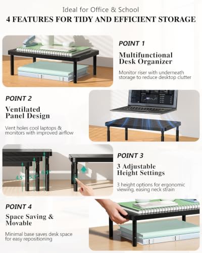 WALI Desk Organizer, 1 Tier Computer Monitor Stand for Desk, Desk Monitor Riser 3 Height Adjustable, Laptop Stand Underneath Storage for Office, Home, School Supplies, 1 Pack, Black - Image 2