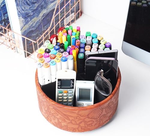 Remote Control Holder, 360°Spinning PU Leather Desk TV Remote Caddy,Desk Storage Box Room Accessories for Controller, Media,Mail,Calculator, Mobile Phone,Pencil(1-Carved Brown) - Image 6