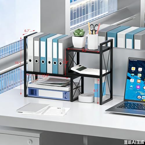 Expandable Desktop Shelf Organizer, 2 Tier Wood Desk Shelf for Office, Metal Corner Bookshelf, Countertop Storage Rack (Black) - Image 6