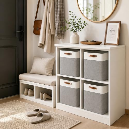 Large Fabric Storage Baskets | 50L Storage Bins, Decorative Linen Closet Baskets with Handles for Organizing, Shelf, Toys, Clothes, Home, Office, Nursery, 17x12x15Inches (Grey&White) - Image 4