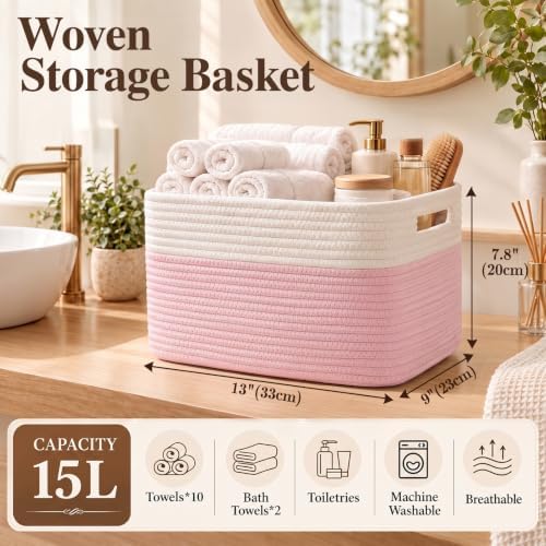 4 Pack Storage Baskets for Organizing, Woven Baskets for Shelves - Perfect for Toys, Books, Towels, and Clothes, Durable Gift Basket Bins Toy Storage, 13''Lx9''Wx7.8''H, Pink & White - Image 2