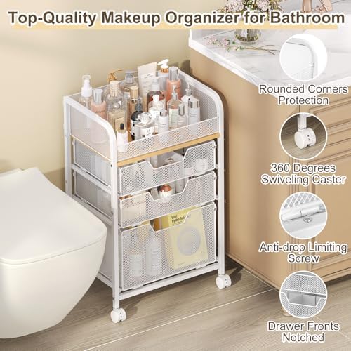Makeup Organizer Cart with Drawers, Floor Skincare Organizers Make Up Organizers Vanity Organizer Cosmetic Display Cases Holder for Skin Care Perfume Nail Polish Brush Hair Tool, White - Image 4