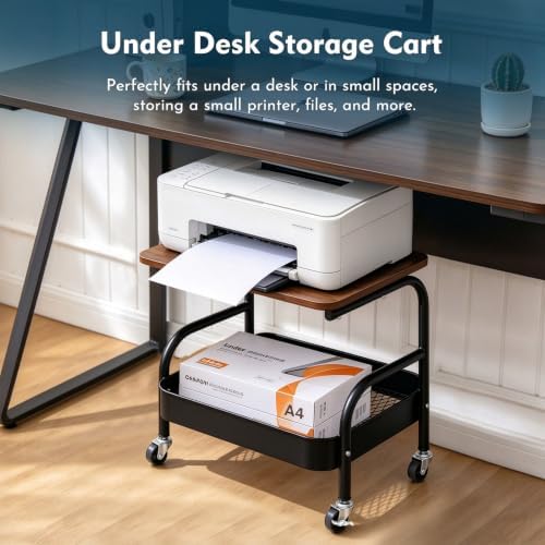 2 Tier Pantry Floor Organizer Short Utility Cart with Wheels Under Desk Storage, Metal Kitchen Storage with Table Top Small Printer Stand, Large Capacity Snack Craft Shelf Black Bedside Cart - Image 3