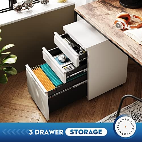 DEVAISE 3 Drawer Mobile File Cabinet with Lock, Metal, White - Image 4
