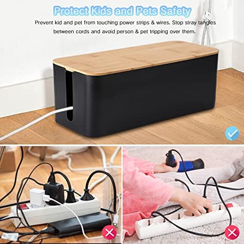 Cable Management Box Organizer, Set of 3 Bamboo Lid Storage Wires Holder to Cover Hide Surge Protector, Power Strips & Cord on Desk Floor - with 5 Cord Organized Tape for Home, Office, PC, TV, USB Hub - Image 2