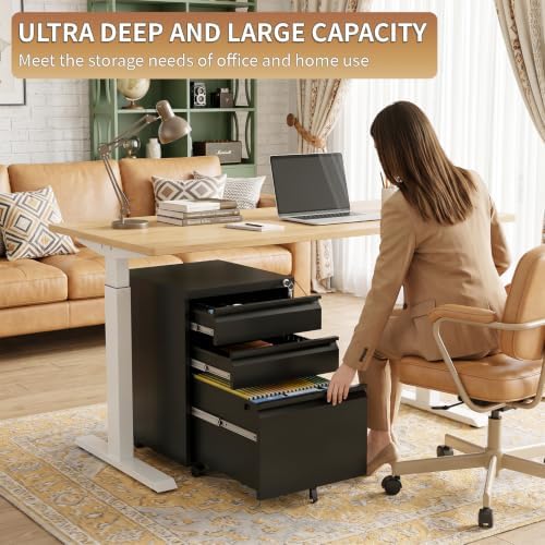 3 Drawer File Cabinet with Lock and Casters, Black - Image 3