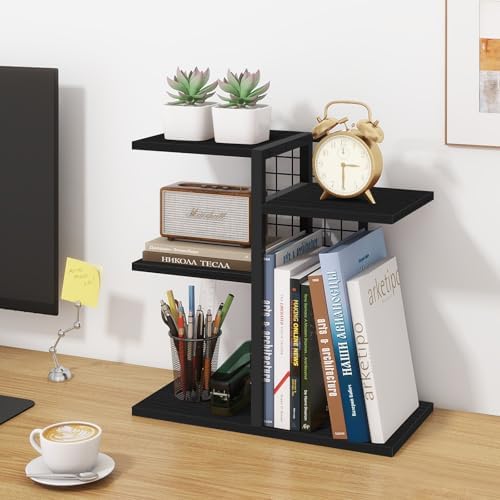 Desktop Bookshelf, 4 Tier Wood Desk Organizer Shelf, Tabletop Storage Shelf Rack for Office Supplies, Desk Decorations for Women Office, Rustic Black - Image 5