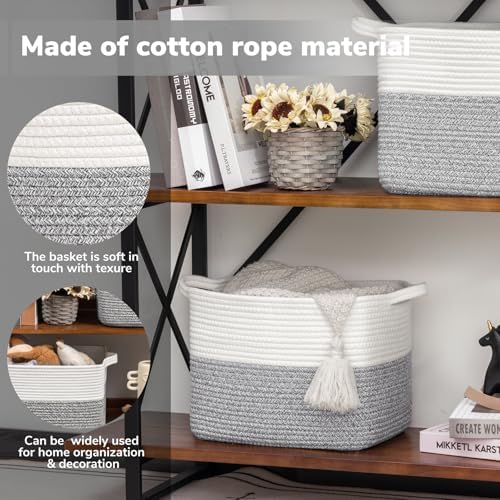 Goodpick Woven Storage Basket for Shelves, 13" x 10" x 9", Gray & White - Image 4