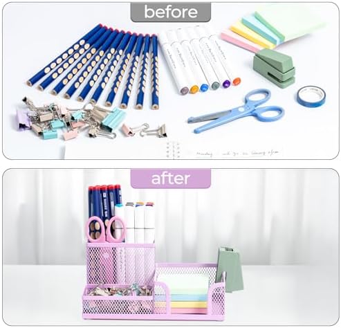 M&G Mesh Pen Holder Desk Organizers Pencil Holder for Desk Purple, 3 Compartments Metal Office Supply Organizer with Sticky Notes Holder for Home Office - Image 5