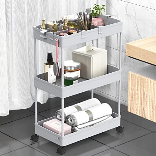 3 Tier Rolling Cart with Wheels, Storage Craft Art Trolley Organizer Serving, 3 Hanging Baskets Easy Assembly, for Office, Living Room, Kitchen, Gray by Home