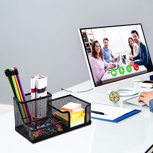 2-Piece Desk Pen & Pencil Organizer - Mesh Metal Pen Cup with Sticky Notes Holder, Black - Image 3