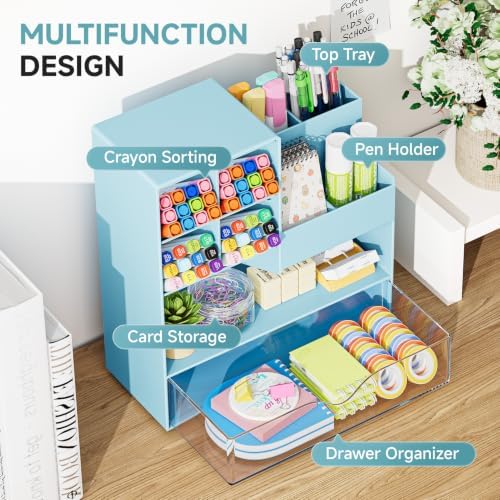 Marbrasse Plastic Pen Holder for Desk, Multi-Functional Desk Organizer Pencil Holder with Drawer, Desk Organizers and Accessories for Office Art Supplies(Blue) - Image 2