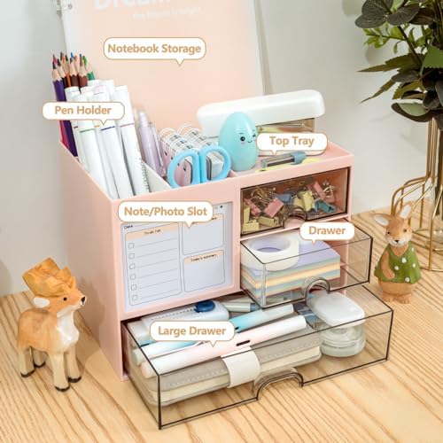 Multi-Functional Desk Organizer with 3 Drawer and 8 Compartments, Pink - Image 2