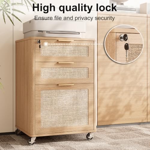 3 Drawers Rattan Mobile File Cabinet with Lock, Rolling File Cabinet Printer Stand Table, Under Desk Wooden Filing Cabinets for Home Office Essentials Storage Organization Furniture Letters/A4 - Image 4