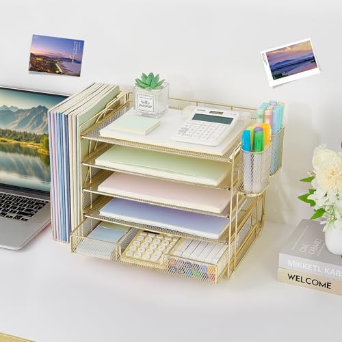 Desk Organizer, 5-Tier Desktop File Organizer with Drawer and Pen Holders, Office Desk Accessories, File Sorters, Workspace Organizers for Office Supplies(Gold) - Image 6