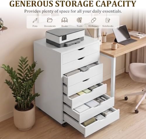 7 Drawer Mobile File Cabinet with Wheels, Office Storage Drawers, White - Image 5
