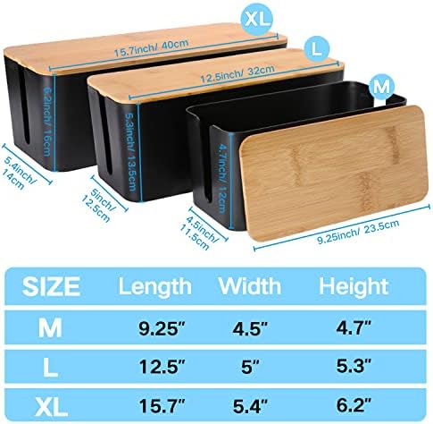 Cable Management Box Organizer, Set of 3 Bamboo Lid Storage Wires Holder to Cover Hide Surge Protector, Power Strips & Cord on Desk Floor - with 5 Cord Organized Tape for Home, Office, PC, TV, USB Hub - Image 5